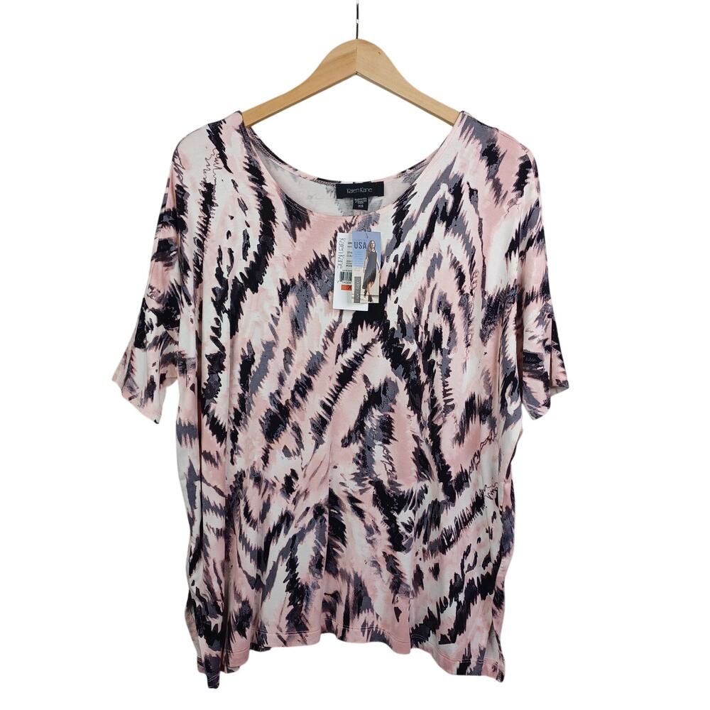Karen Kane Side Slit Tunic Top XS Half Sleeve Stretch Oversized Pink Abstract
